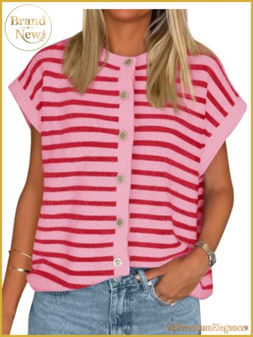 Womens Striped Cap Sleeve Sweater Vest Button Down Cardigan